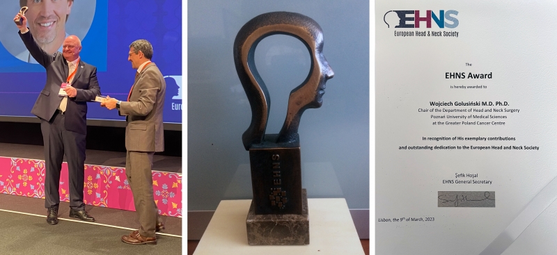 Photo collage of prof. Golusinski receiveing award, the award close-up and congratulatiory letter