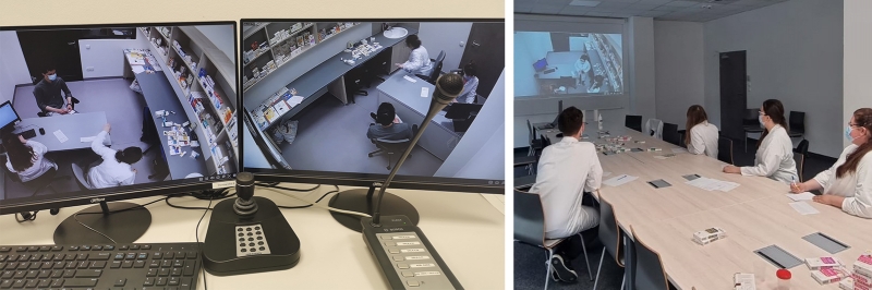 2 adjacent photos: one showing monitors, the other a briefing room in use